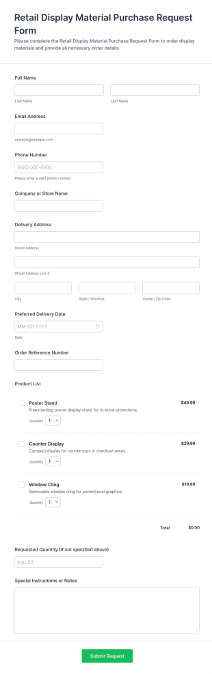 Retail Display Material Purchase Request Form Template