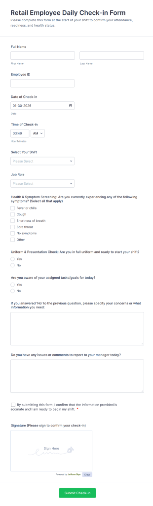 Retail Employee Daily Check In Form Template