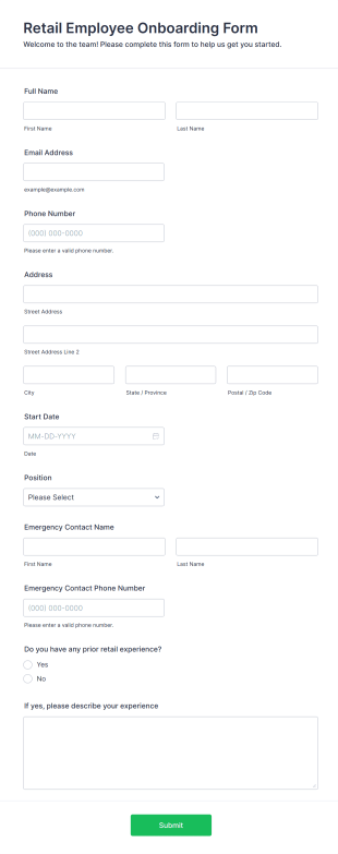 Retail Employee Onboarding Form Template