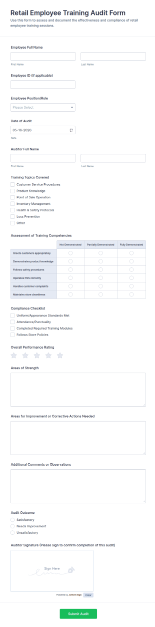 Retail Employee Training Audit Form Template