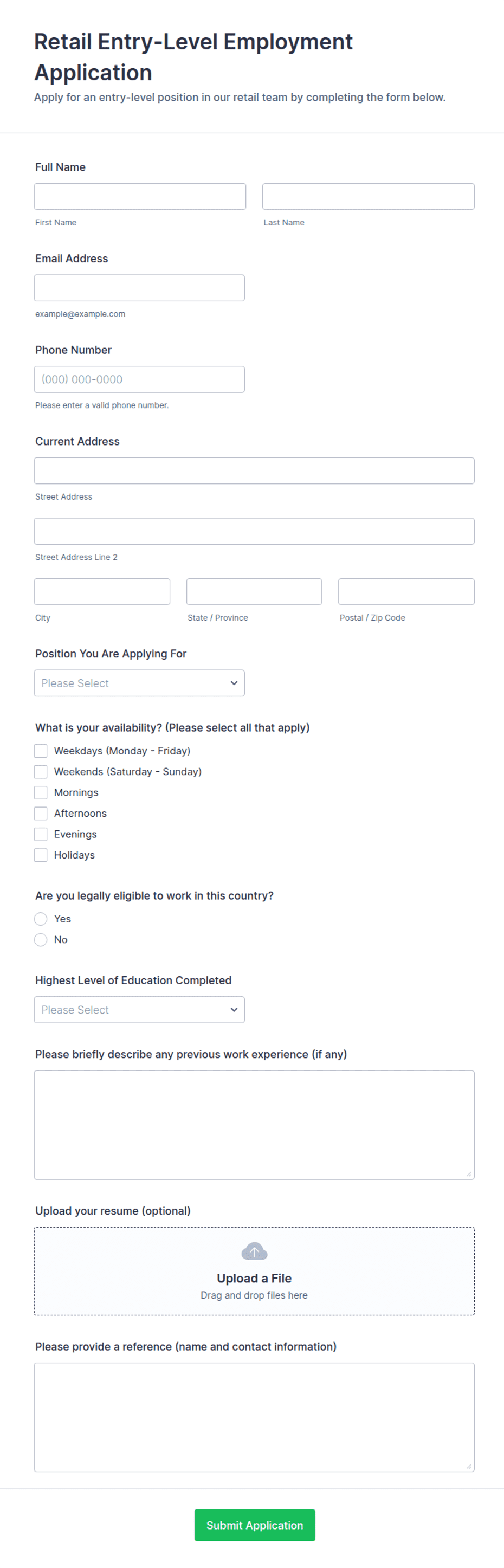 Retail Entry-Level Employment Application Form Template | Jotform