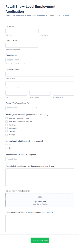 Retail Entry Level Employment Application Form Template