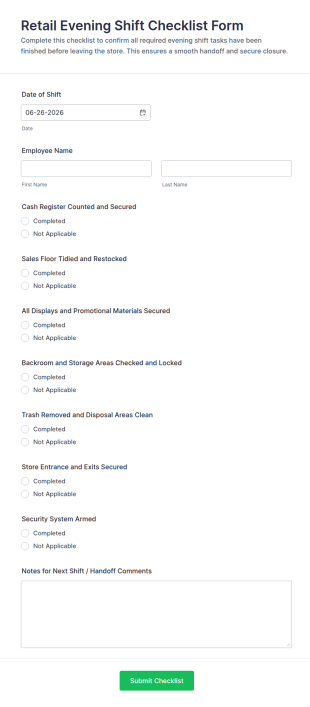 Retail Evening Shift Checklist Form Template