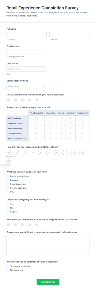 Retail Experience Completion Survey Form Template