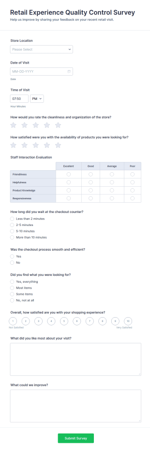 Retail Experience Quality Control Survey Form Template
