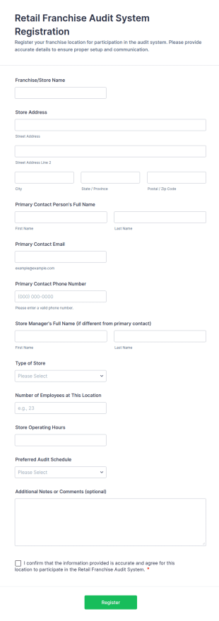 Retail Franchise Audit System Registration Form Template