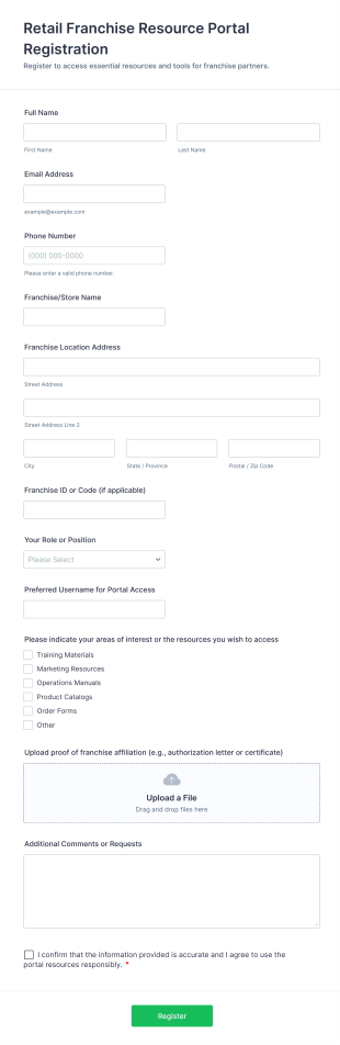 Retail Franchise Resource Portal Registration Form Template