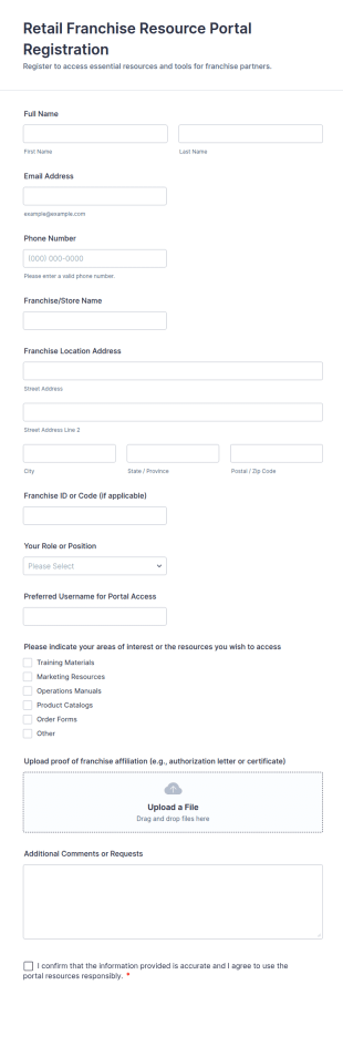 Retail Franchise Resource Portal Registration Form Template