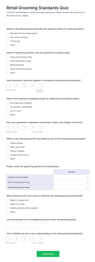 Retail Grooming Standards Quiz Form Template