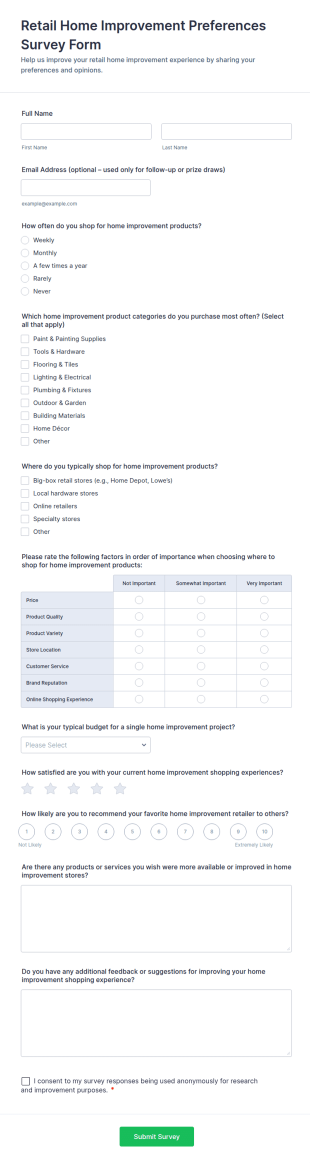 Retail Home Improvement Preferences Survey Form Template