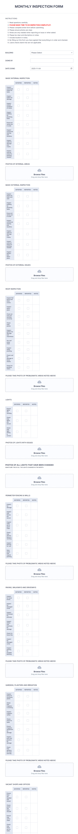Monthly Retail Inspection Form Template