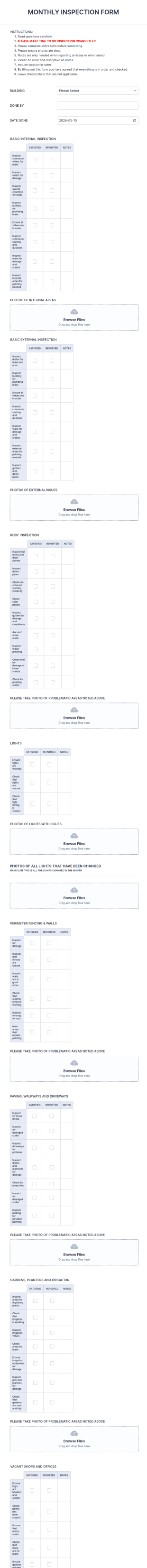 Monthly Retail Inspection Form Template