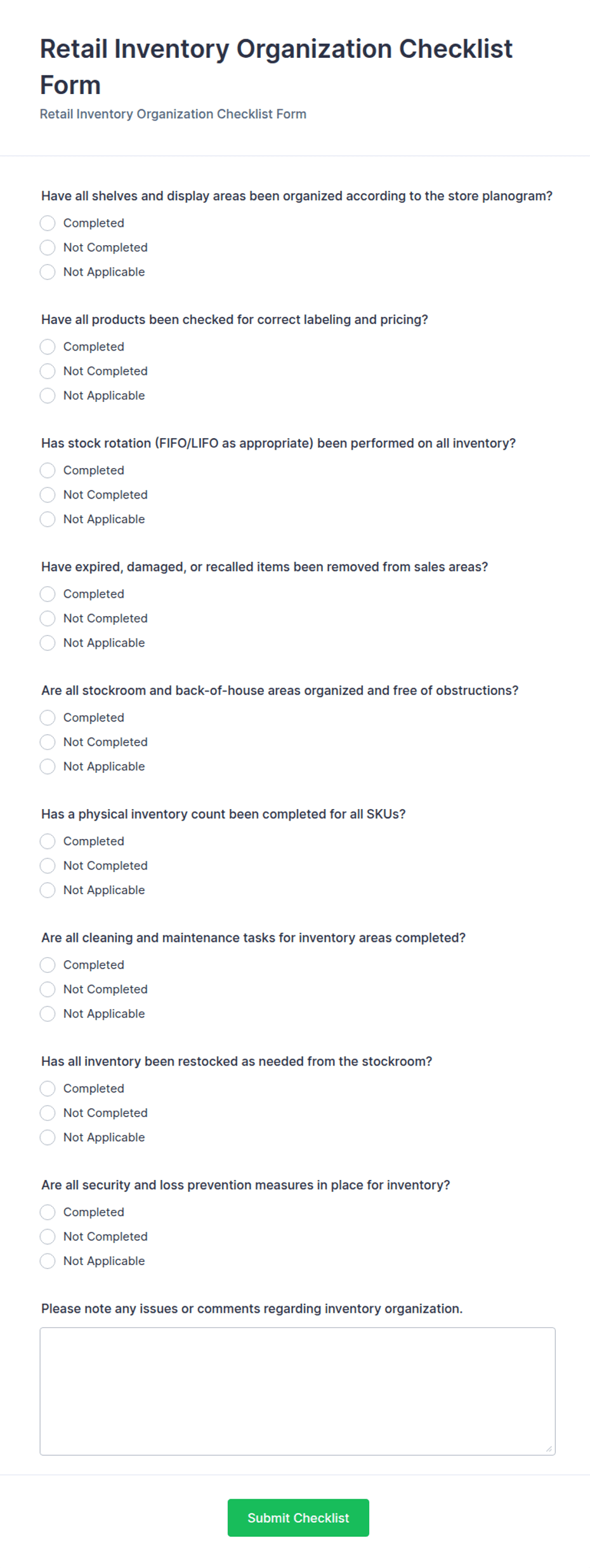 Retail Inventory Organization Checklist Form Template | Jotform
