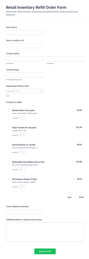 Retail Inventory Refill Order Form Template