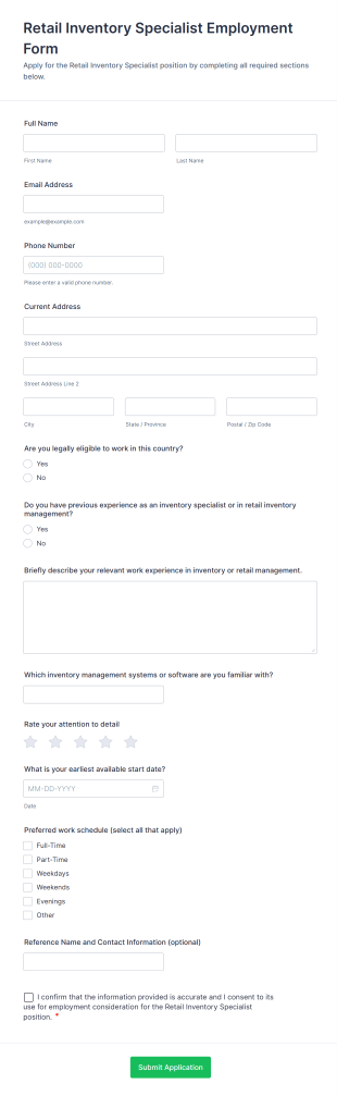 Retail Inventory Specialist Employment Form Template