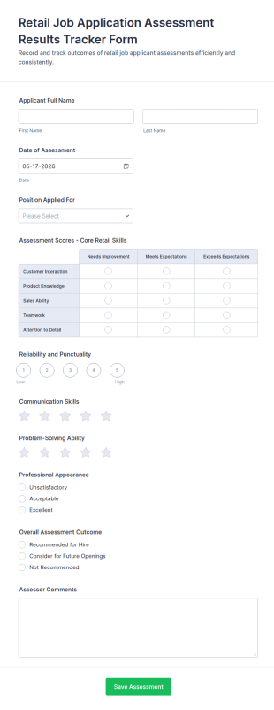 Retail Job Application Assessment Results Tracker Form Template