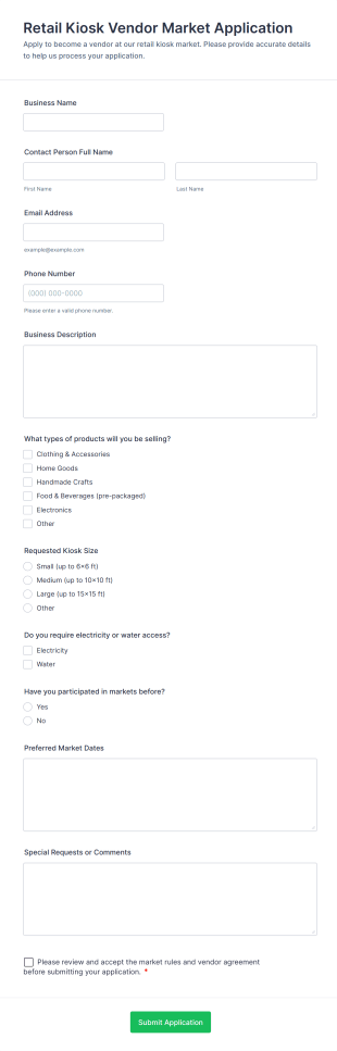 Retail Kiosk Vendor Market Application Form Template