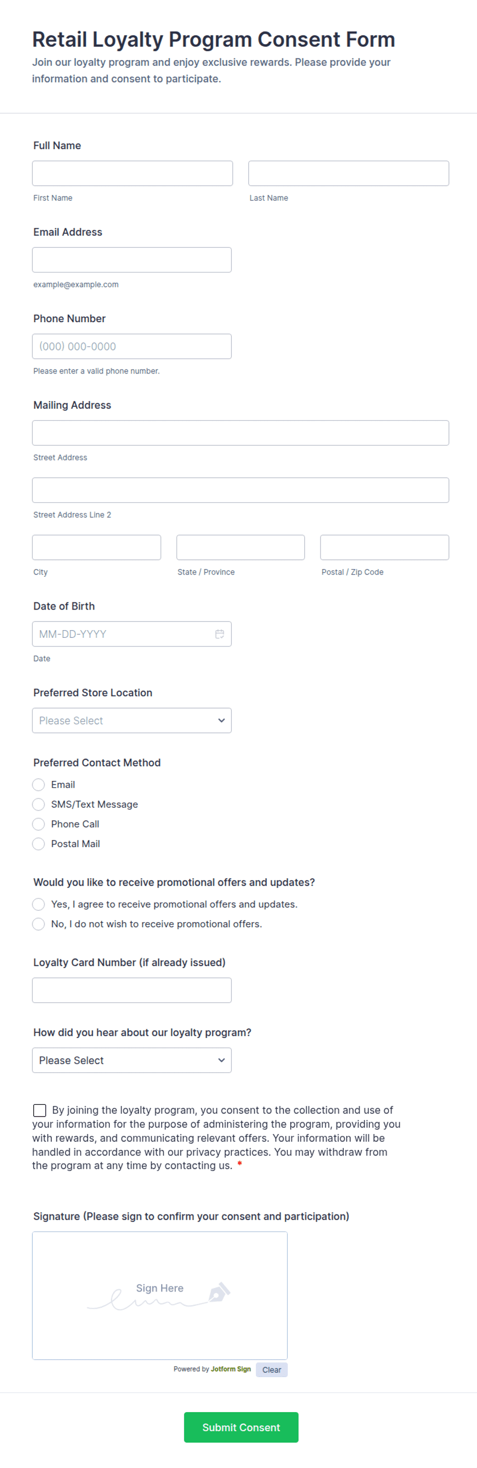 Sap Program Consent Form Example Retail Loyalty Program Consent Form Template | Jotform
