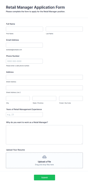 Retail Manager Application Form Template