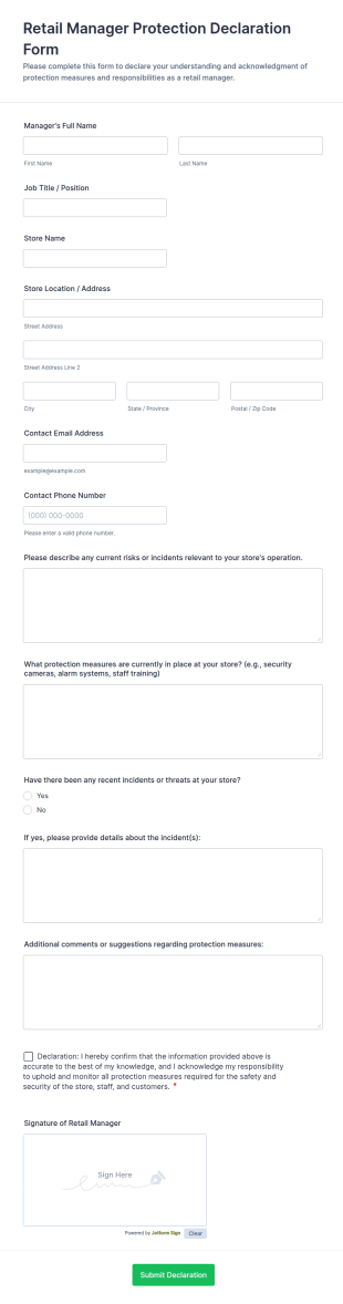 Retail Manager Protection Declaration Form Template