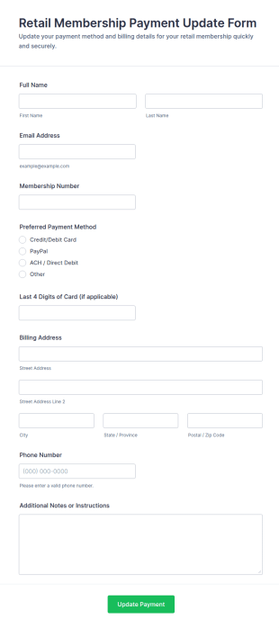 Retail Membership Payment Update Form Template