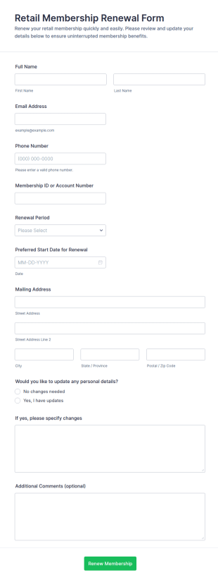 Retail Membership Renewal Form Template