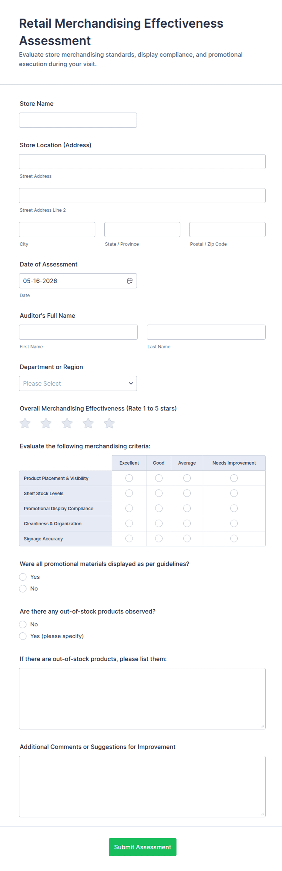 Retail Merchandising Effectiveness Assessment Form Template | Jotform
