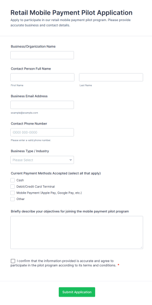 Retail Mobile Payment Pilot Application Form Template
