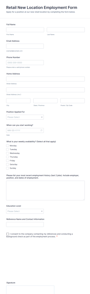 Retail New Location Employment Form Template