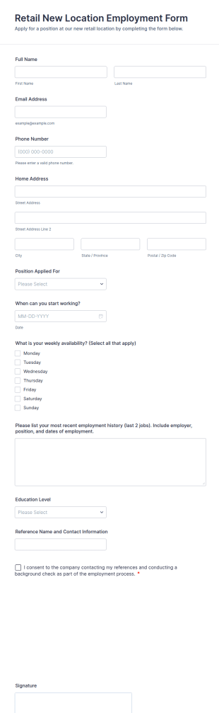 Retail New Location Employment Form Template