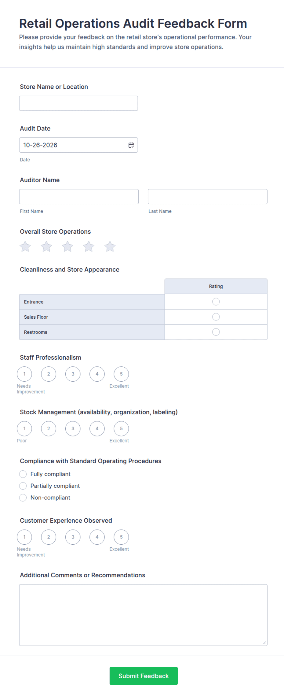 Retail Operations Audit Feedback Form Template | Jotform