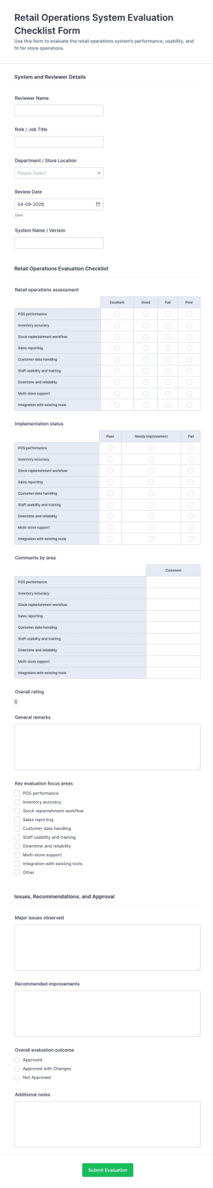 Retail Operations System Evaluation Checklist Form Template