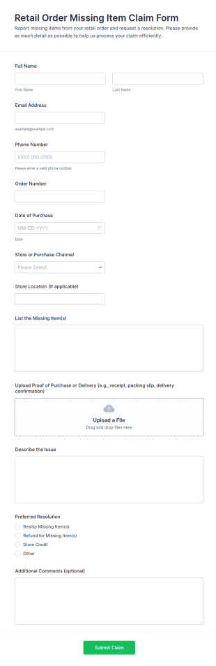 Retail Order Missing Item Claim Form Template