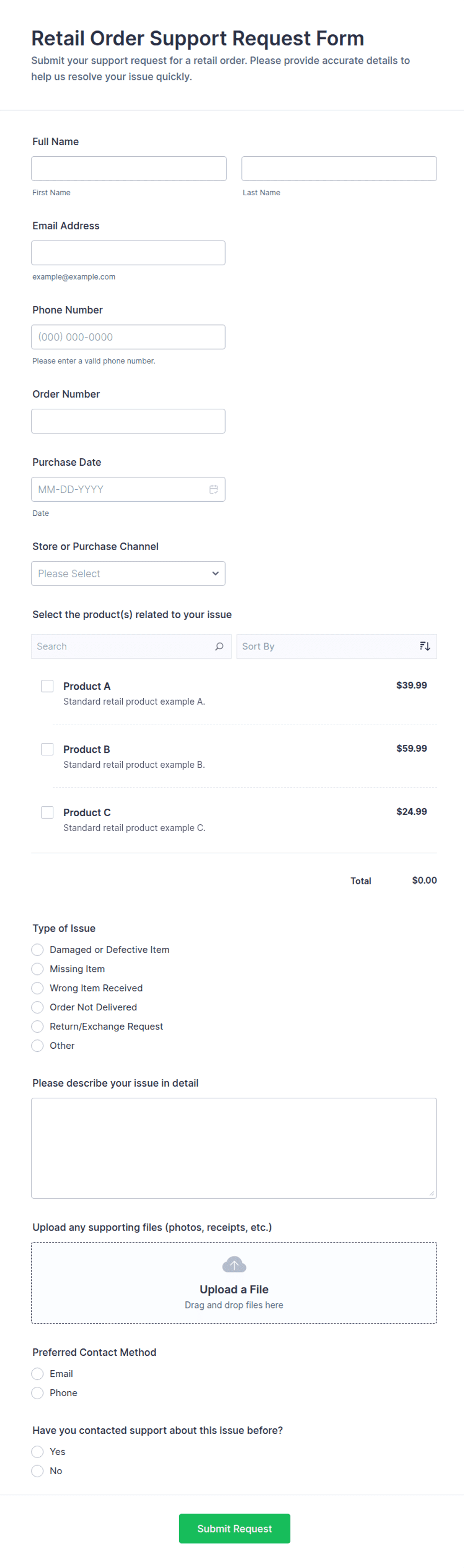 Retail Order Support Request Form Template | Jotform