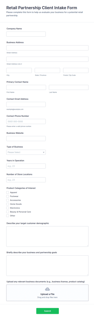 Retail Partnership Client Intake Form Template