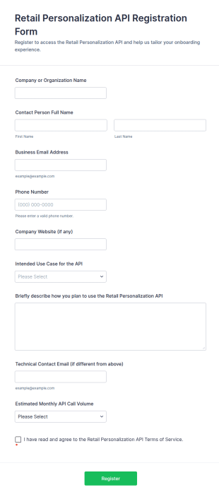 Retail Personalization API Registration Form Template