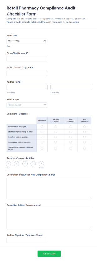 Retail Pharmacy Compliance Audit Checklist Form Template