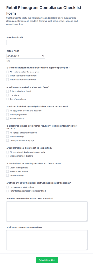 Retail Planogram Compliance Checklist Form Template