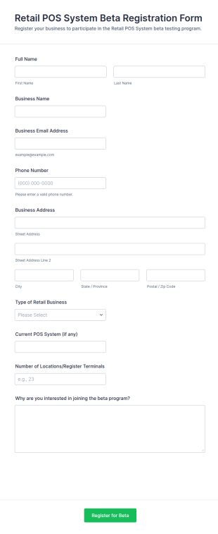 Retail POS System Beta Registration Form Template