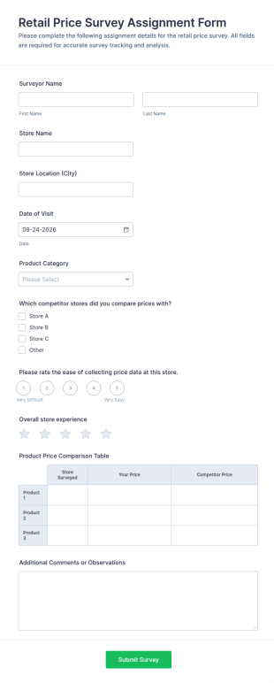Retail Price Survey Assignment Form Template