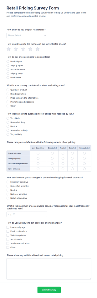 Retail Pricing Survey Form Template