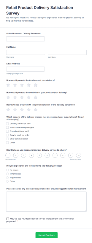 Retail Product Delivery Satisfaction Survey Form Template