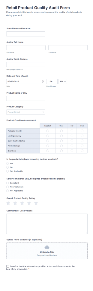 Retail Product Quality Audit Form Template