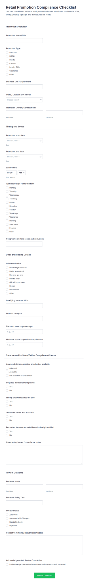 Retail Promotion Compliance Checklist Form Template