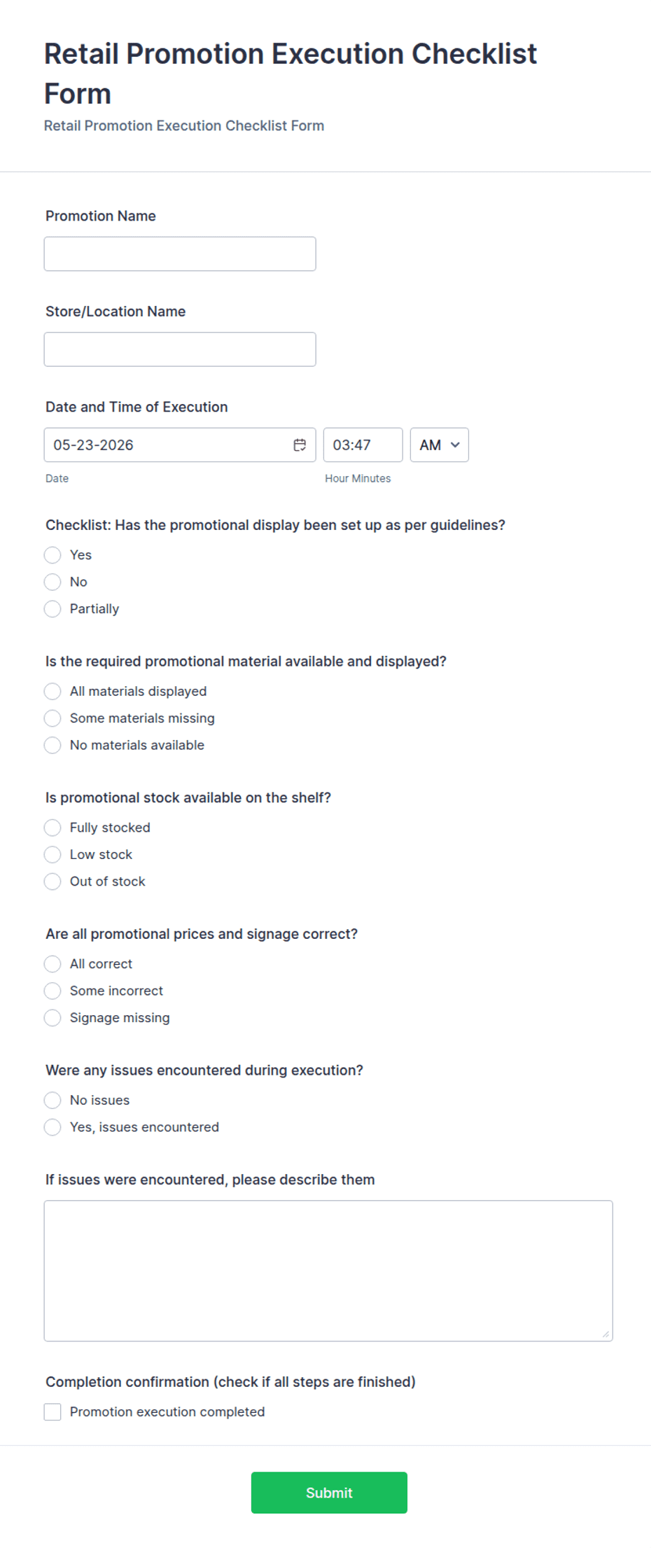 Retail Promotion Execution Checklist Form Template | Jotform