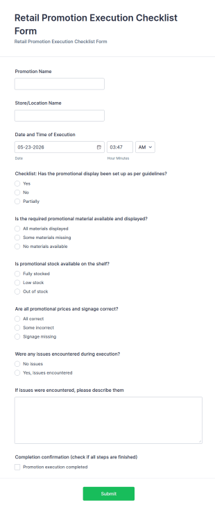 Retail Promotion Execution Checklist Form Template