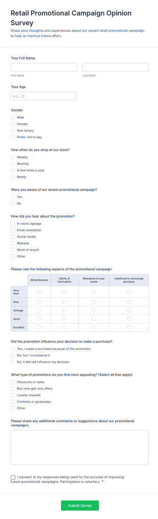 Retail Promotional Campaign Opinion Survey Form Template