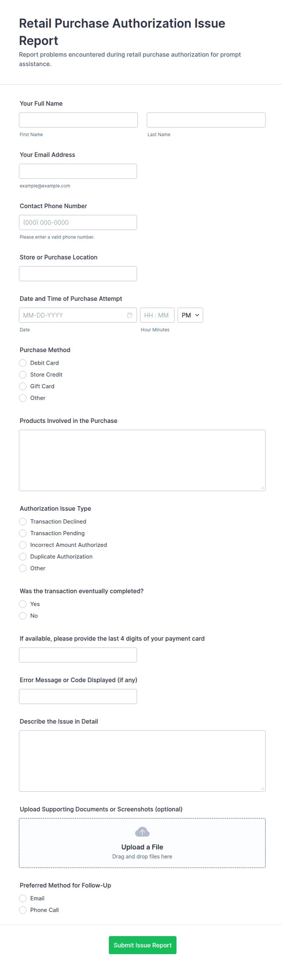 Purchase Issue Resolution Retail Purchase Authorization Issue Report Form Template | Jotform