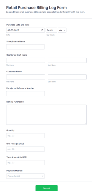 Retail Purchase Billing Log Form Template
