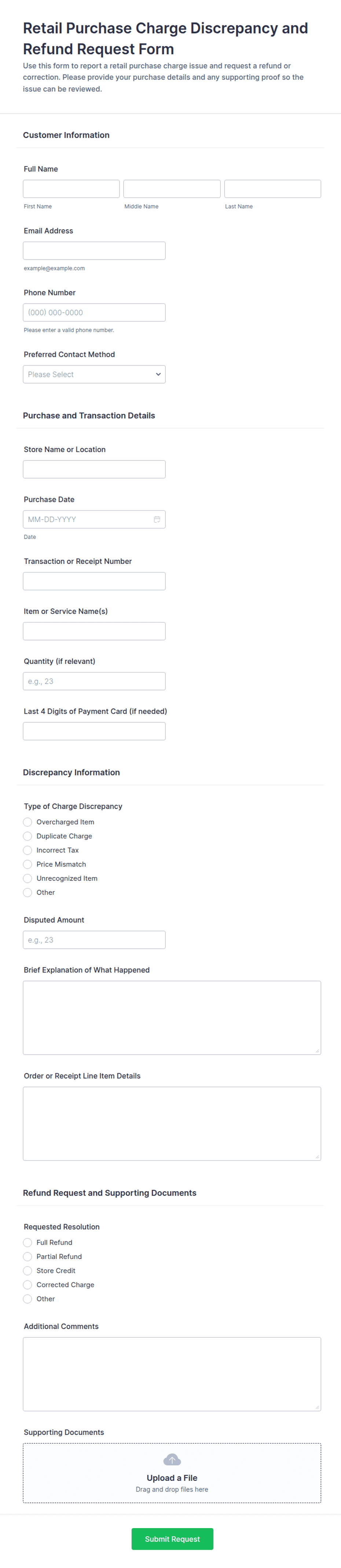 Retail Purchase Charge Discrepancy and Refund Request Form Template ...